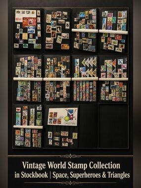 Vintage World Stamp Collection in Stockbook | Space, Superheroes & Triangles